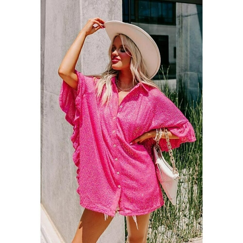 Sweet Dream Sequin Poncho Button-Down Tunic in Hot Pink
